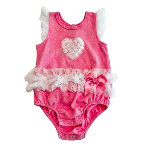 💫$6/ADD ON 💫 Pink Polka Dot BABY 6-9 MTHS Romper w/Tulle Heart, Ruffles, & Bow - Picture 1 of 4
